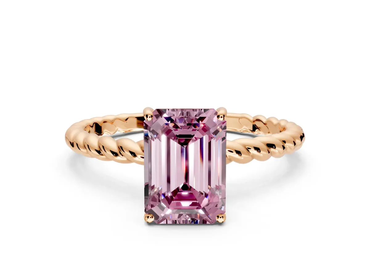 Solitaire Engagement Ring Setting for Fancy Pink Emerald Cut Center with Plain Twisted Rope Band and Prong Head in Rose Gold