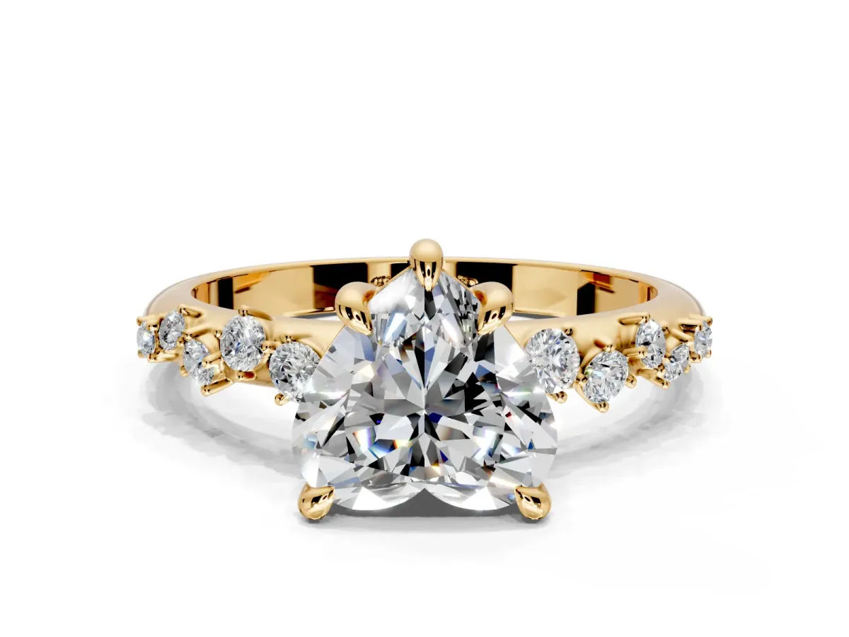 Solitaire Engagement Ring Setting for Heart-Shaped Center with Trailing Leaf Accent Band and Prong Head in Yellow Gold
