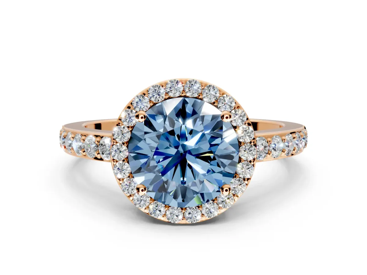 Halo Engagement Ring Setting for Fancy Blue Round Cut Center with Heart-Shaped Openwork, Pave Band and Prong Head in Rose Gold