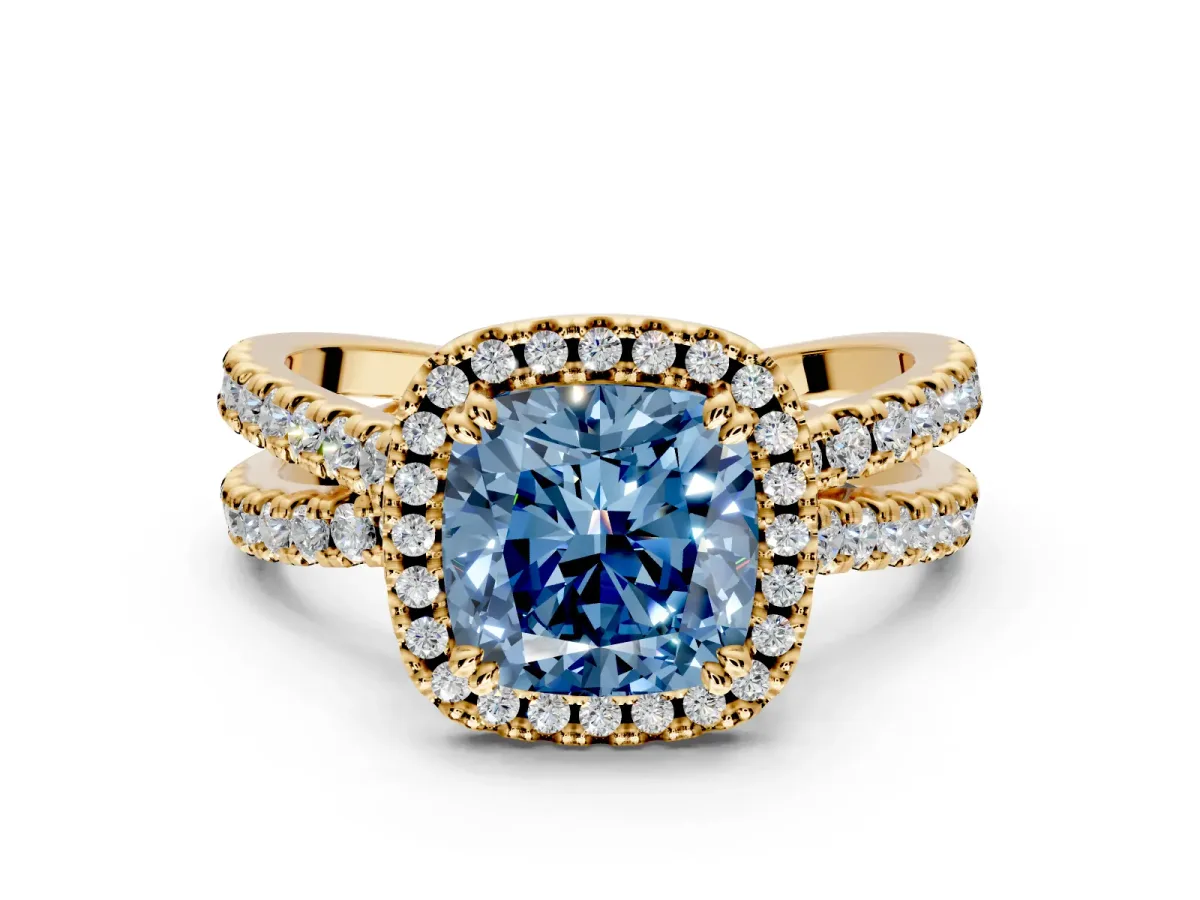 Halo Engagement Ring Setting for Fancy Blue Cushion Cut Center with Double Pave Split Shank and Prong Head in Yellow Gold