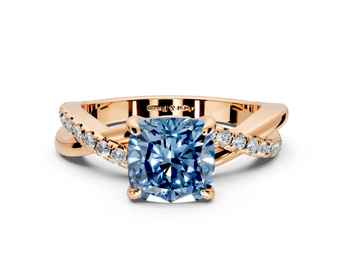 Solitaire Engagement Ring Setting for Fancy Blue Cushion Cut Center with Half-Pave Crossover Band and Prong Head in Rose Gold