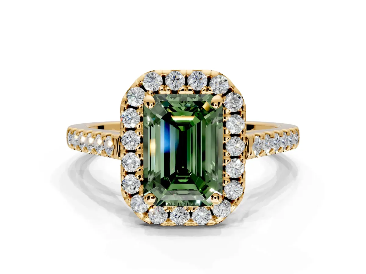 Halo Engagement Ring Setting for Fancy Green Emerald Cut Center with Raised Halo, Pave Band and Prong Head in Yellow Gold