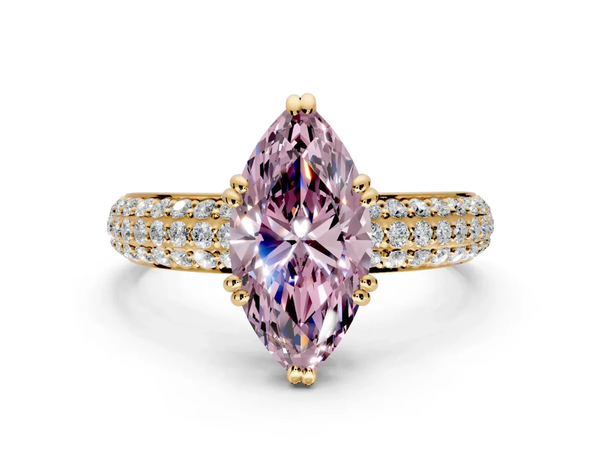 Solitaire Engagement Ring Setting for Fancy Pink Marquise Center with Multi-Row Pave Accents and Basket Head in Yellow Gold