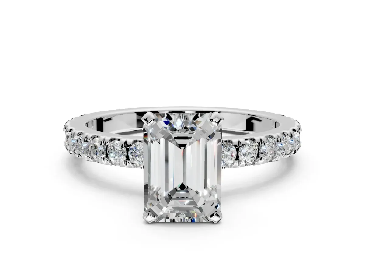 Solitaire Engagement Ring Setting for Emerald Cut Center with Fine Pave Band and Claw Prong Head in Platinum