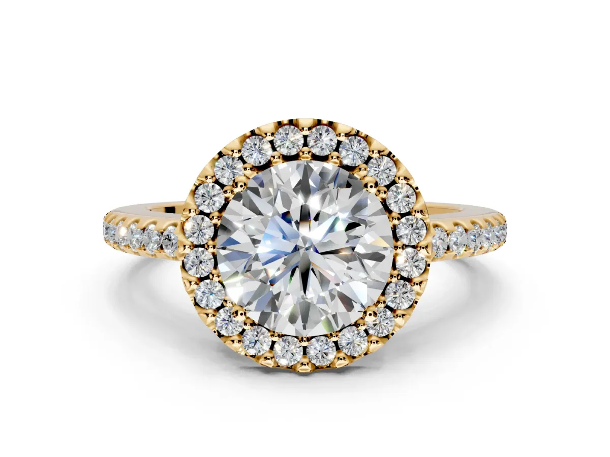 Pave Halo Engagement Ring Setting for Round Cut Center with Single Row Pave Band and Prong Head in Yellow Gold
