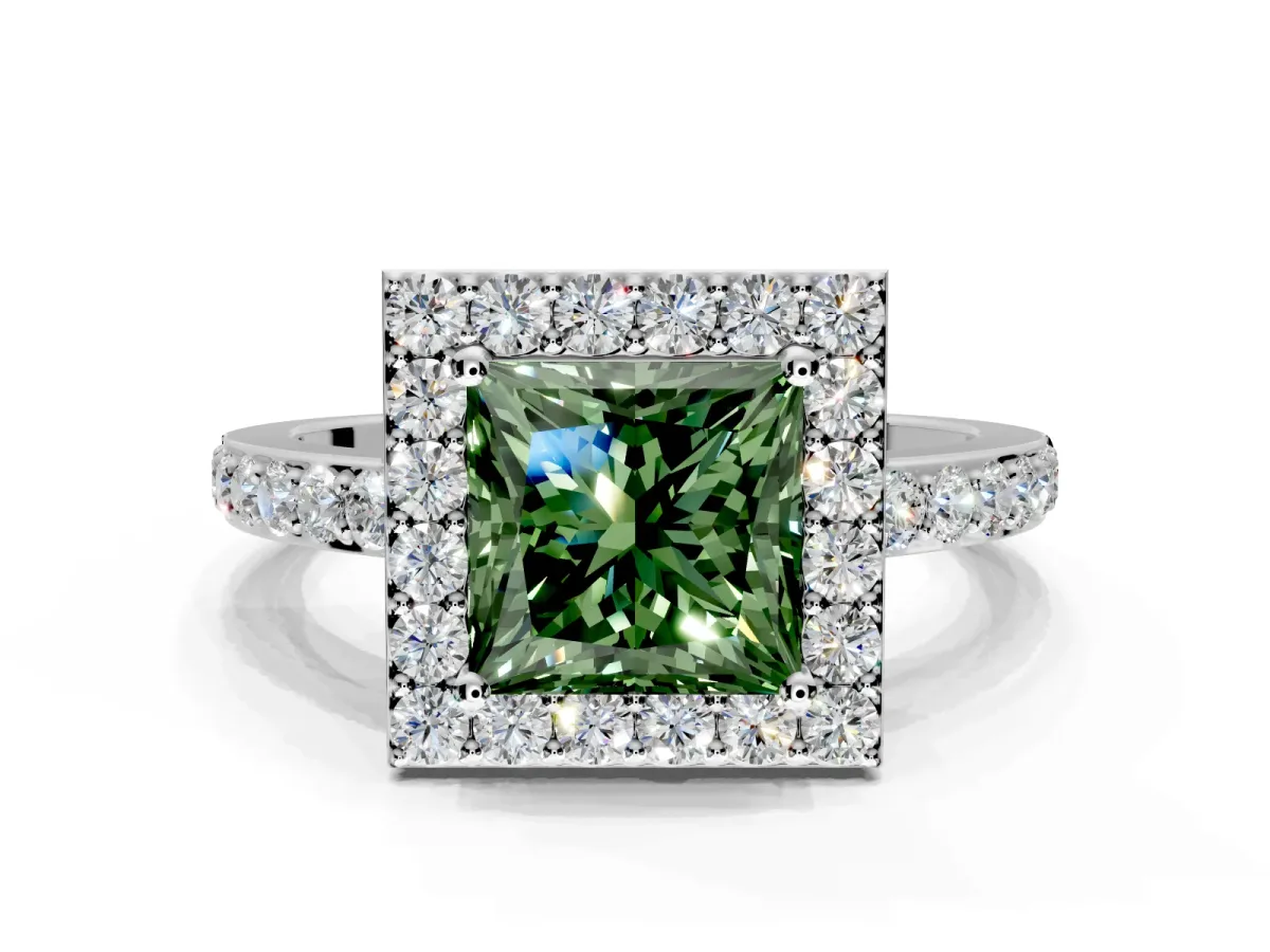 Halo Engagement Ring Setting for Fancy Green Princess Cut Center with Heart-Shaped Openwork, Pave Band and Prong Head in Sterling Silver