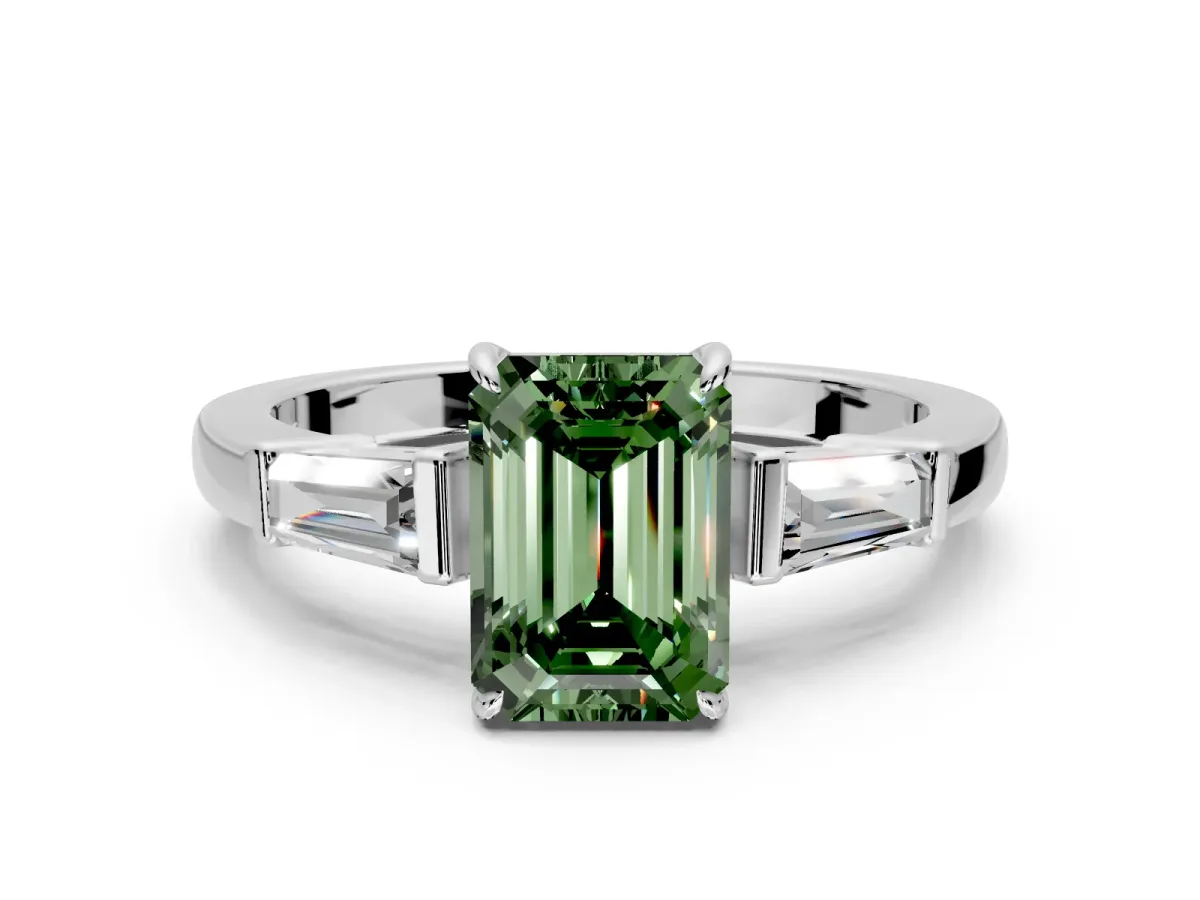 3 Stone Engagement Ring Setting for Fancy Green Emerald Cut Center with Baguette Accents and Prong Head in Platinum