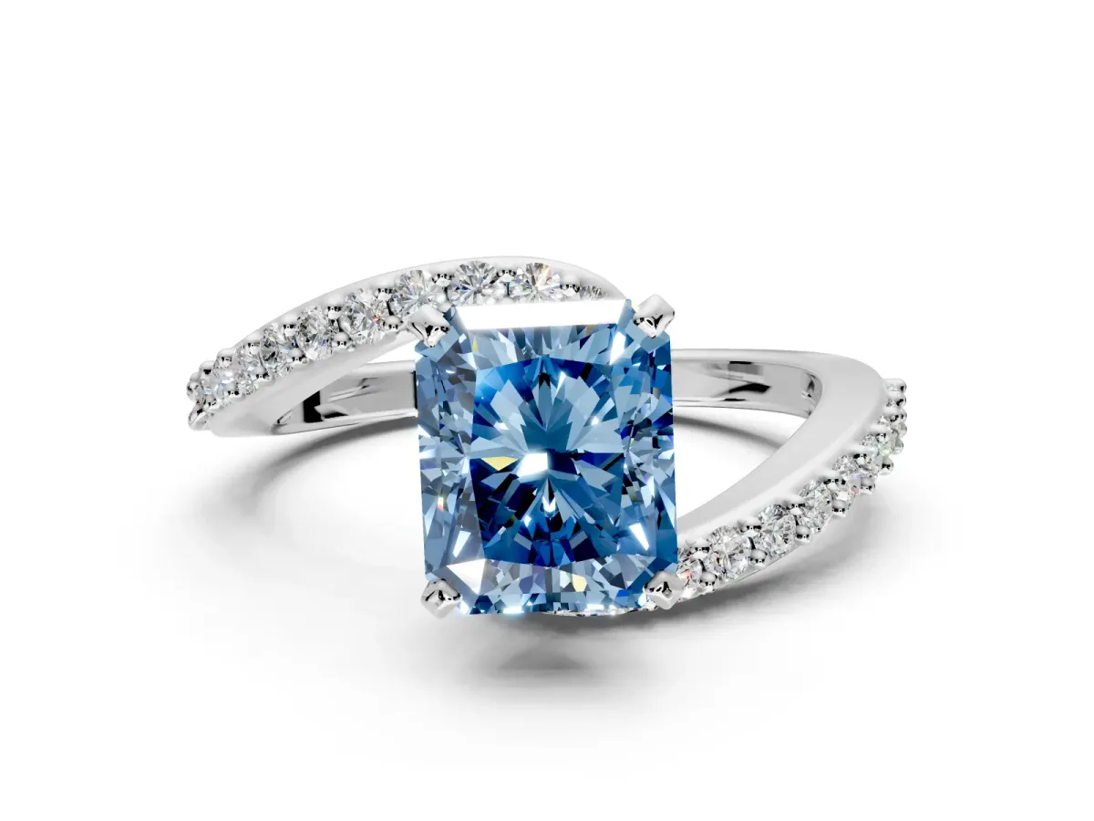 Solitaire Engagement Ring Setting for Fancy Blue Radiant Cut Center with Pave Bypass Swirl Band and Prong Head in Platinum