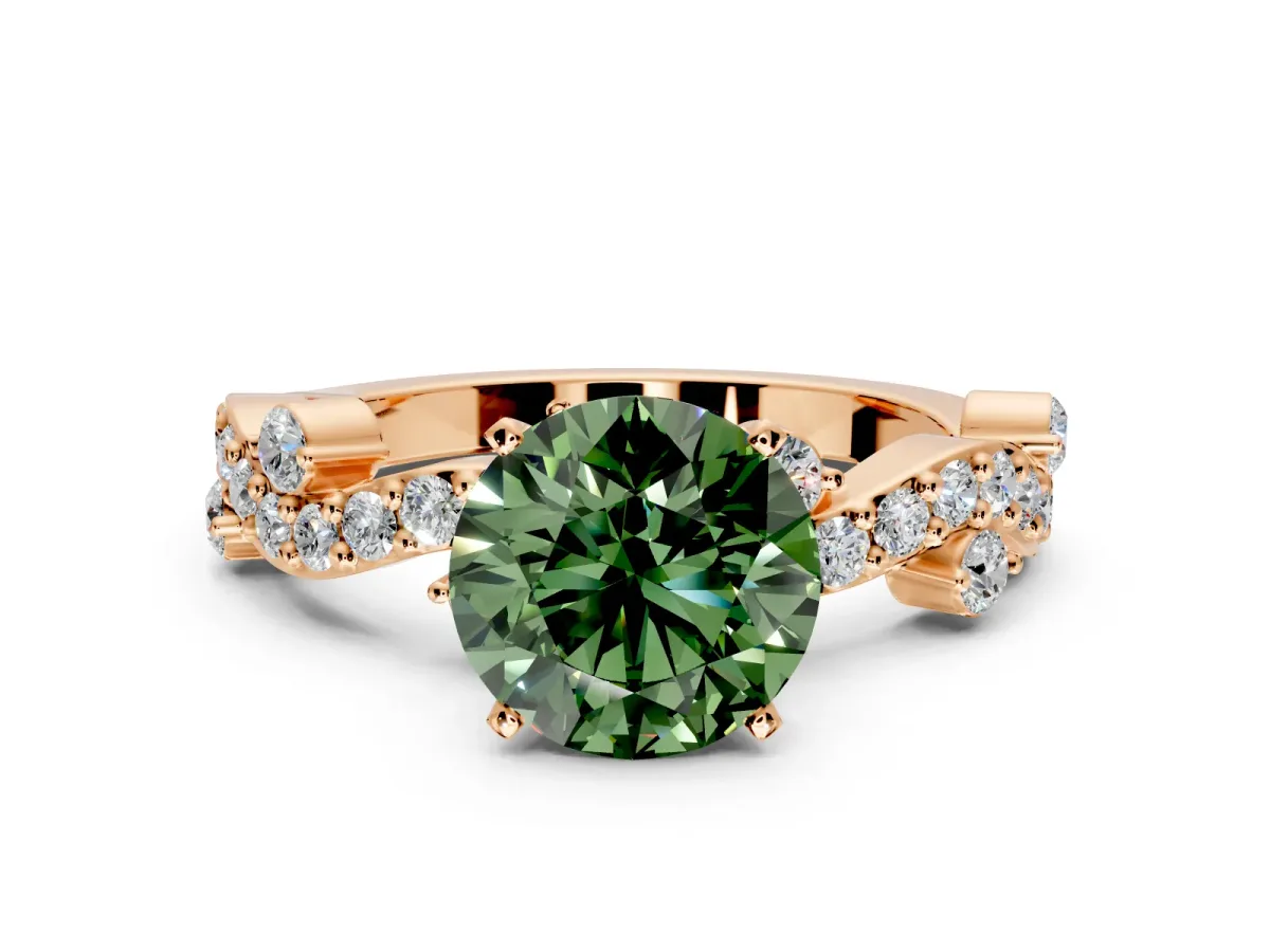 Solitaire Engagement Ring Setting for Fancy Green Round Cut Center with Bar-Station Pave Twist and Prong Head in Rose Gold