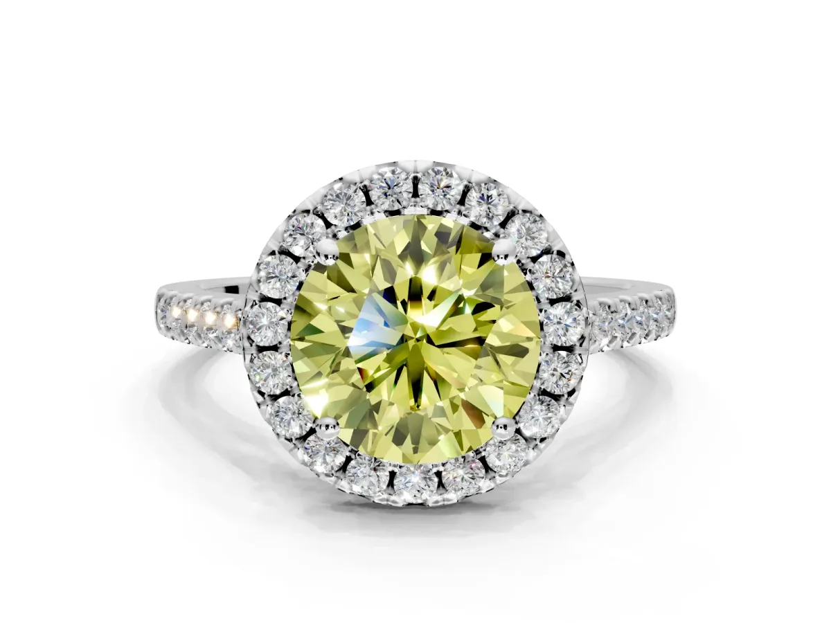 Halo Engagement Ring Setting for Fancy Yellow Round Cut Center with Raised Halo, Pave Band and Prong Head in Platinum