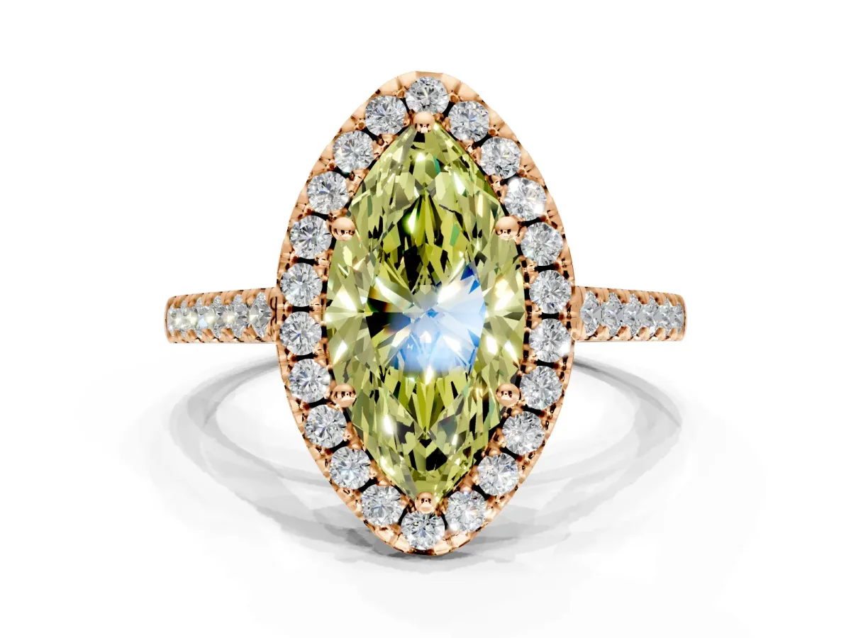Halo Engagement Ring Setting for Fancy Yellow Marquise Center with Raised Halo, Pave Band and Prong Head in Rose Gold