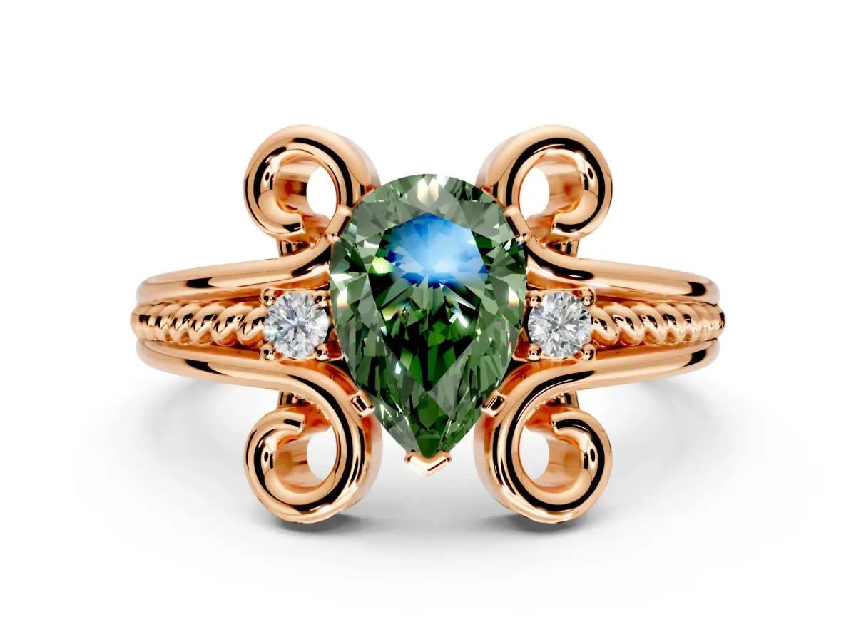 Solitaire Engagement Ring Setting for Fancy Green Pear-Shaped Center with Twisted Band and Scroll Prong Head in Rose Gold