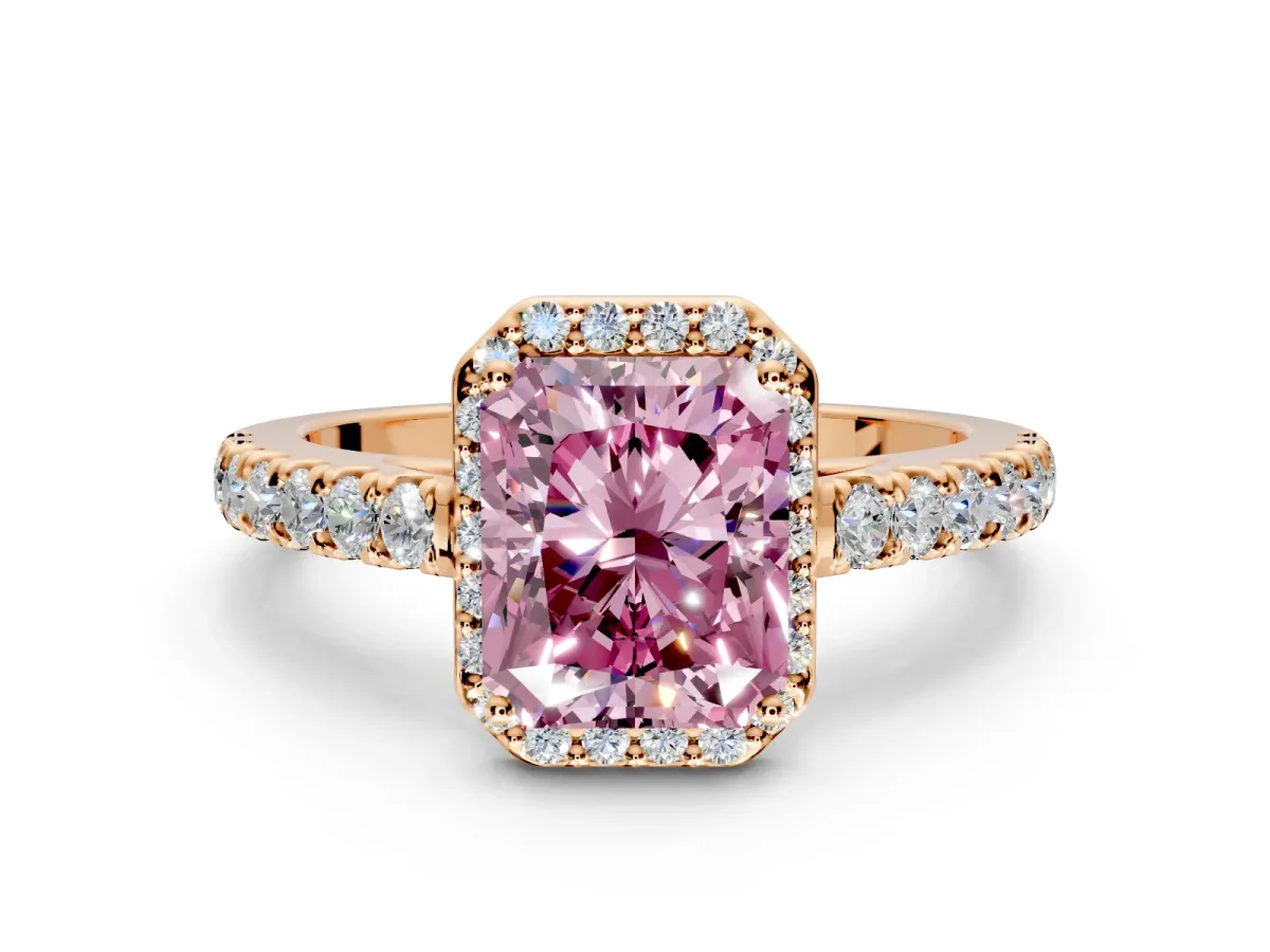 Halo Engagement Ring Setting for Fancy Pink Radiant Cut Center with Full Pave Band and Prong Head in Rose Gold