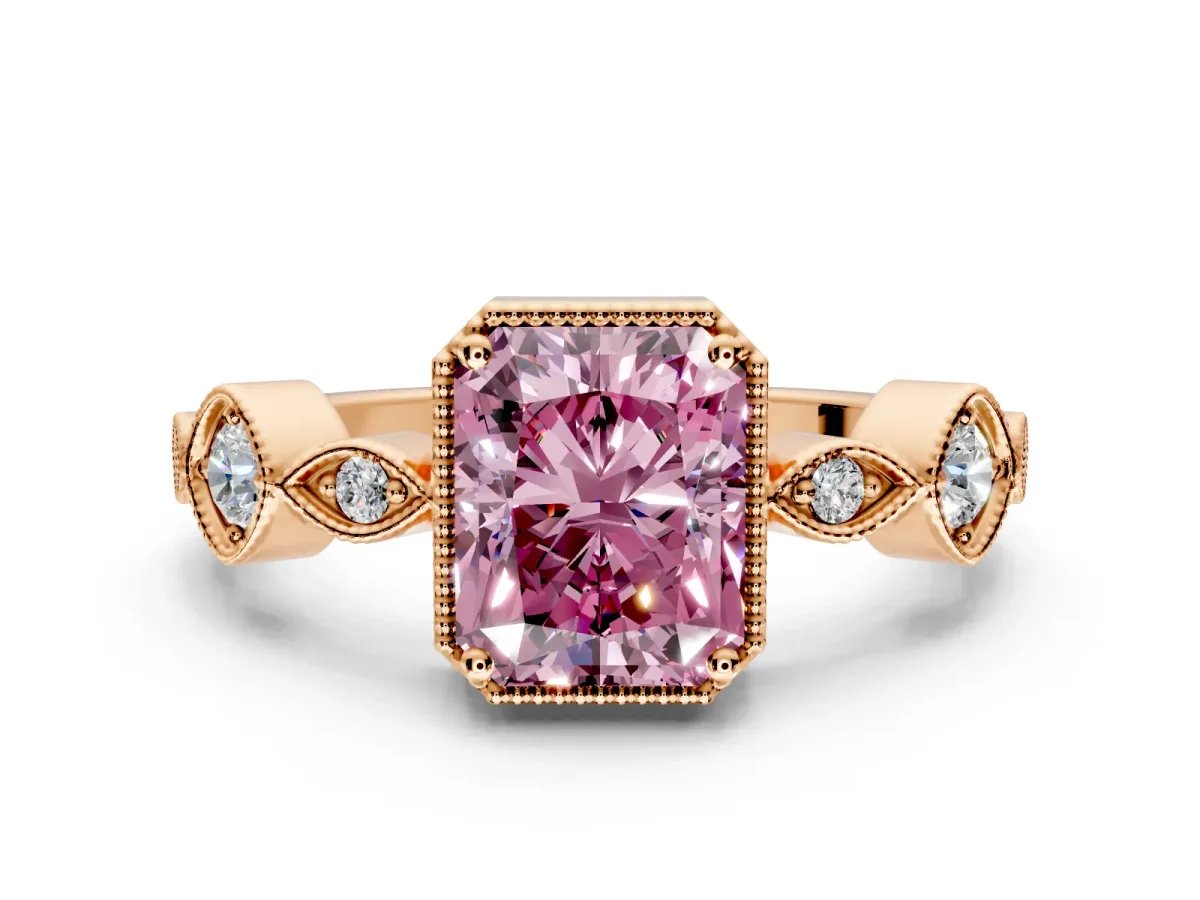 Vintage Station Engagement Ring Setting for Fancy Pink Radiant Cut Center with Accents and Prong Head in Rose Gold