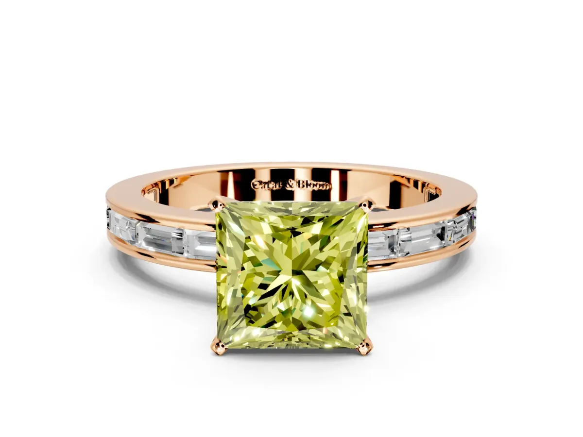 Solitaire Engagement Ring Setting for Fancy Yellow Princess Cut Center with Channel Baguette Band and Prong Head in Rose Gold
