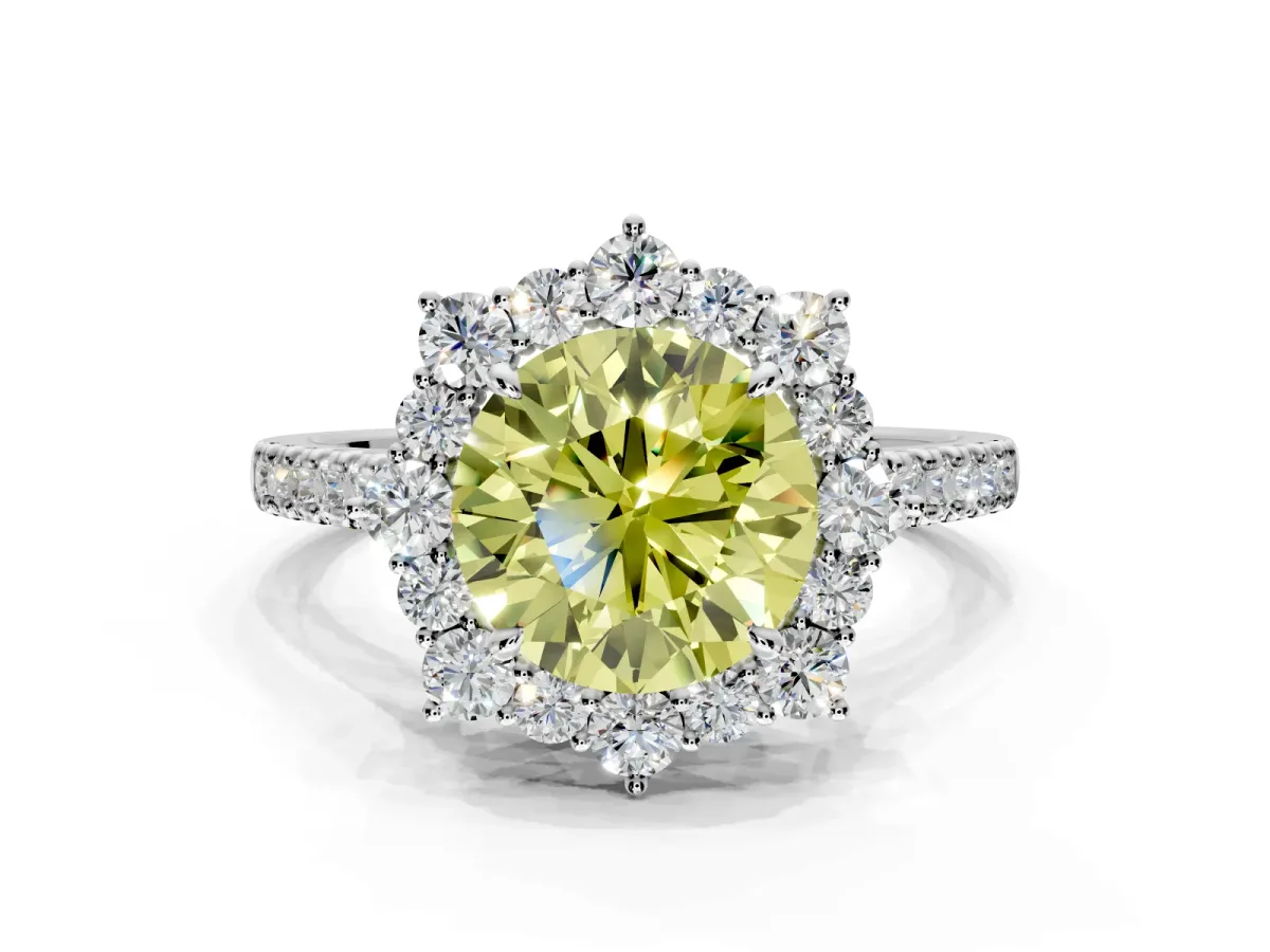Halo Engagement Ring Setting for Fancy Yellow Round Cut Center with Single-Row Pave, Open Basket and Prong Head in Platinum