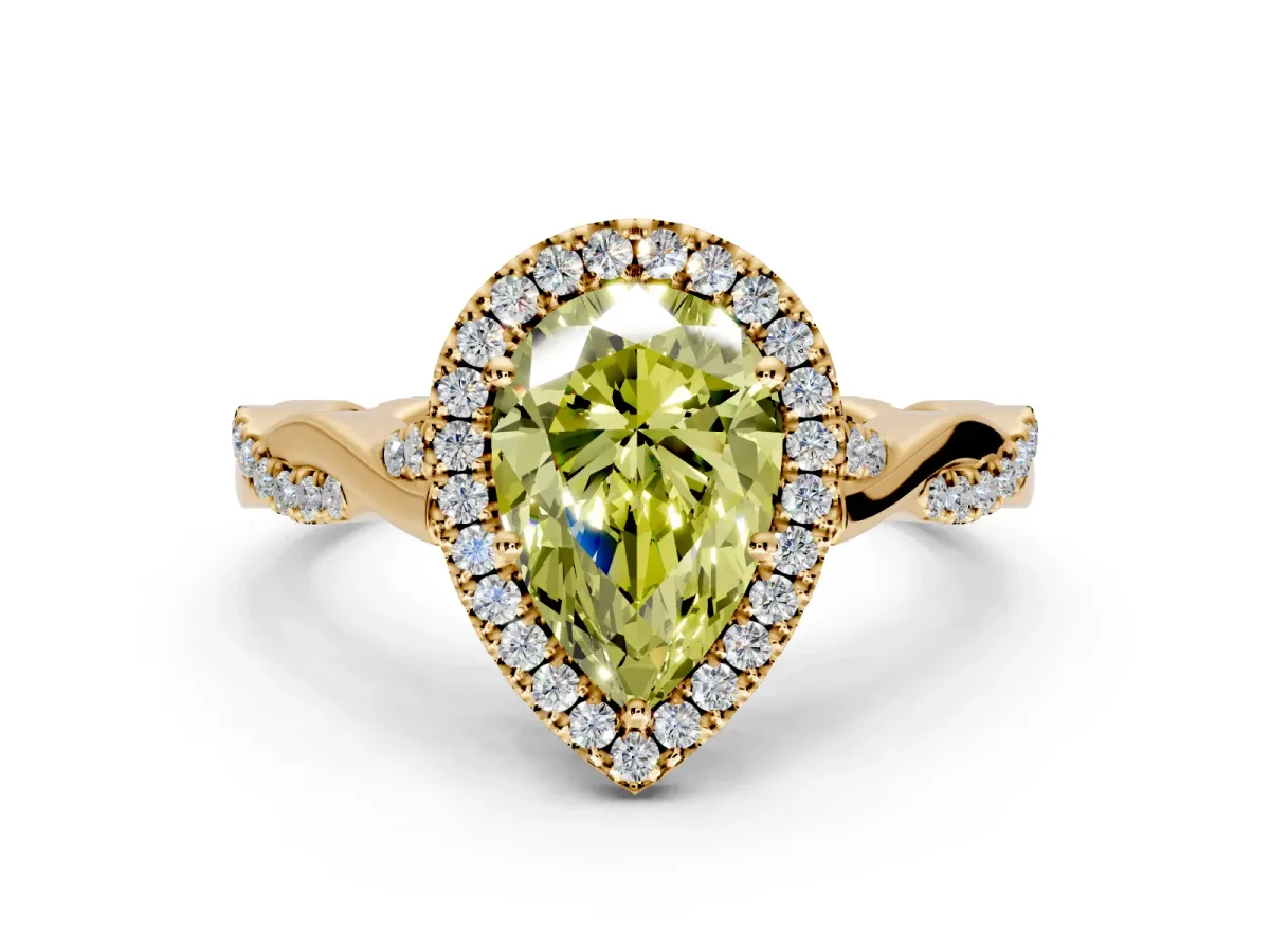 Halo Engagement Ring Setting for Fancy Yellow Pear-Shaped Center with Twist Band and Prong Head in Yellow Gold