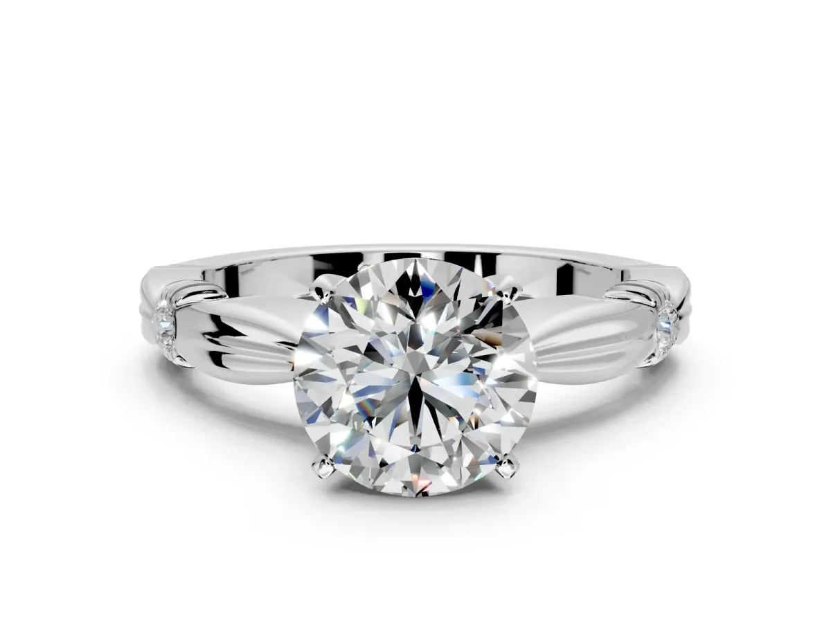 Solitaire Engagement Ring Setting for Round Cut Center with Carved Leaf Shoulders and Prong Head in Sterling Silver