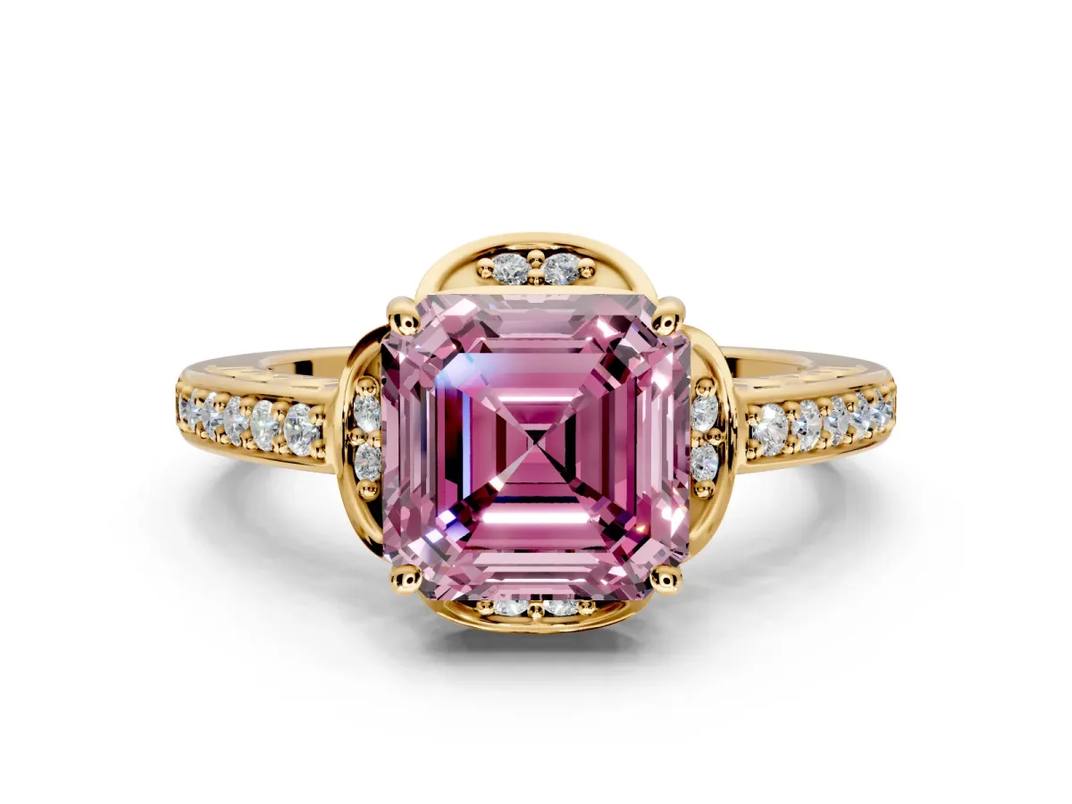Floral Engagement Ring Setting for Fancy Pink Asscher Cut Center with Four Accent Clusters and Prong Head in Yellow Gold