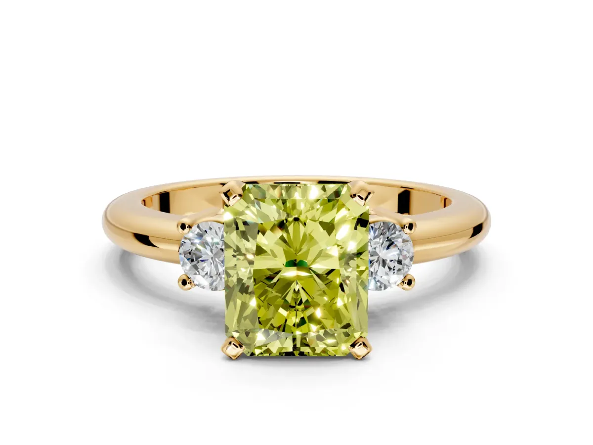 3 Stone Engagement Ring Setting for Fancy Yellow Radiant Cut Center with Wide Plain Band and Prong Head in Yellow Gold