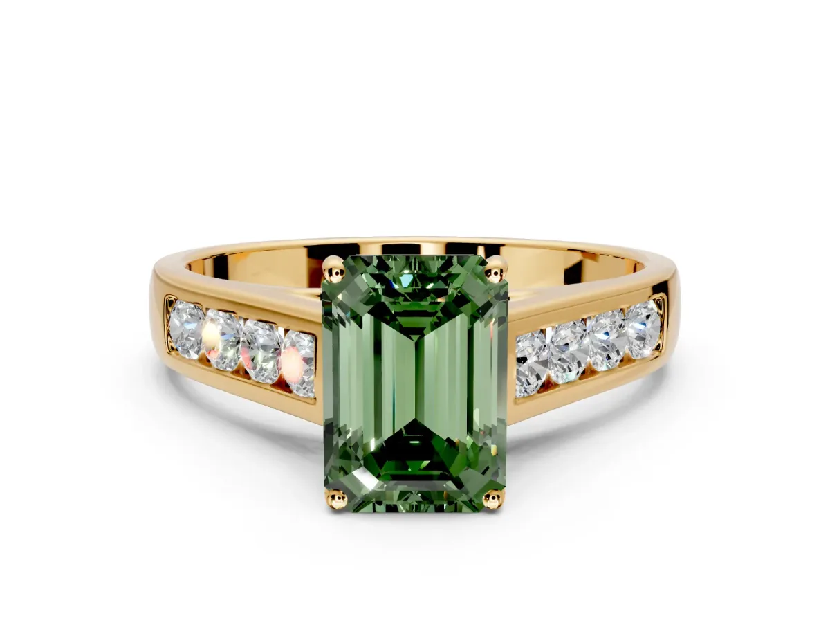 Solitaire Engagement Ring Setting for Fancy Green Emerald Cut Center with Cathedral Channel Band and Prong Head in Yellow Gold