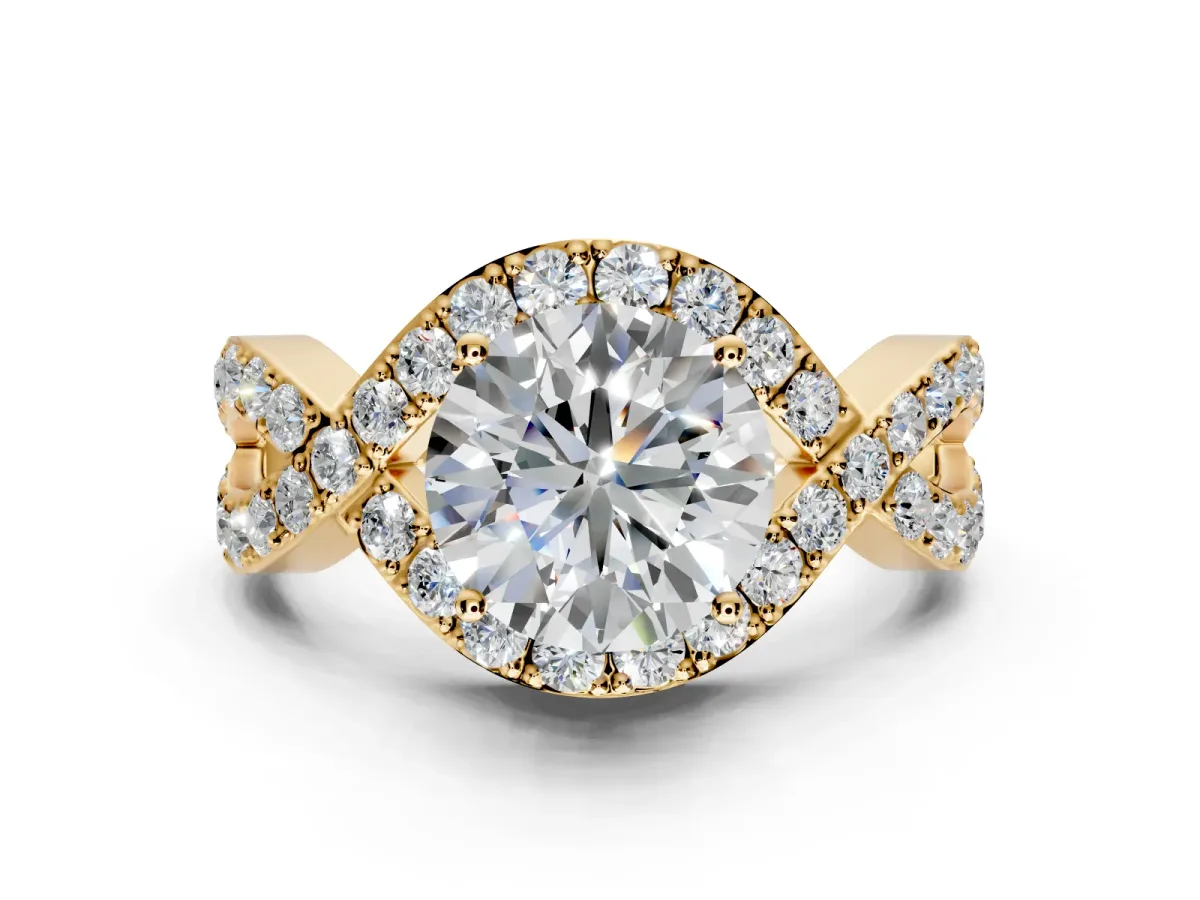 Halo Engagement Ring Setting for Round Cut Center with Pave Infinity Twist Band and Prong Head in Yellow Gold