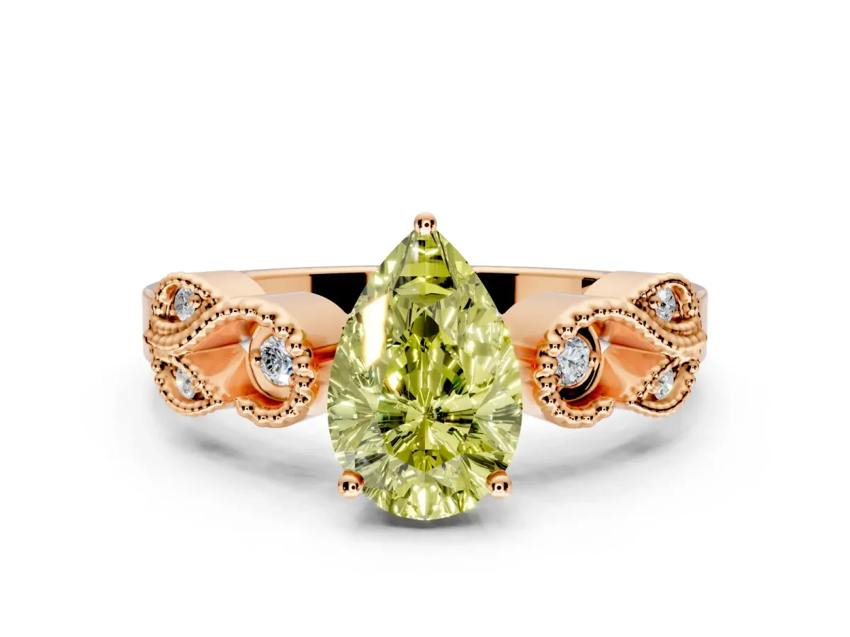 Leaf Engagement Ring Setting for Fancy Yellow Pear-Shaped Center with Milgrain Accent Band and Prong Head in Rose Gold