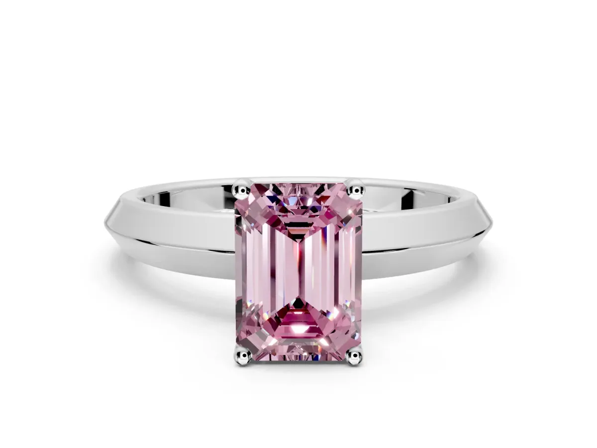 Solitaire Engagement Ring Setting for Fancy Pink Emerald Cut Center with Wide Knife Ridge Band and Prong Head in Platinum