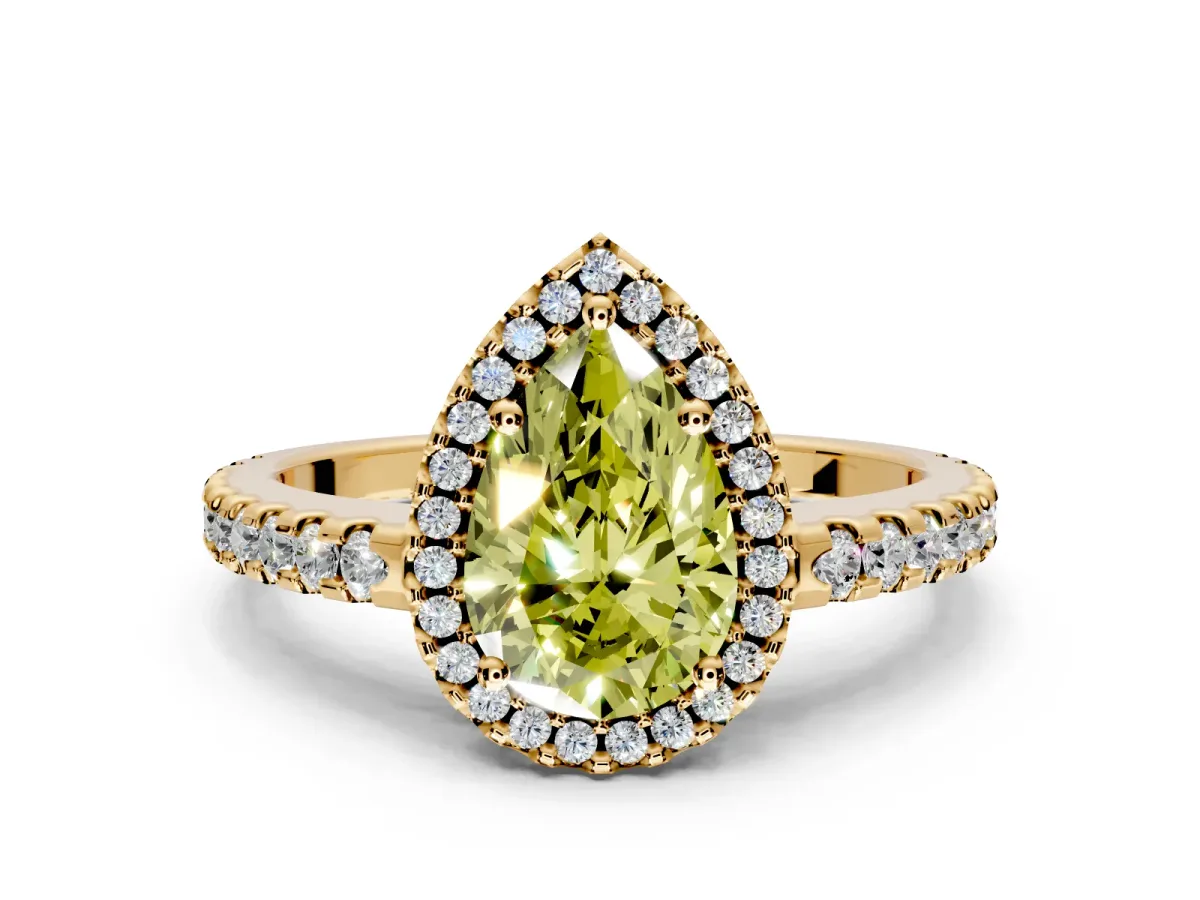 Accent Halo Engagement Ring Setting for Fancy Yellow Pear-Shaped Center with Full-Length Pave Band and Prong Head in Yellow Gold
