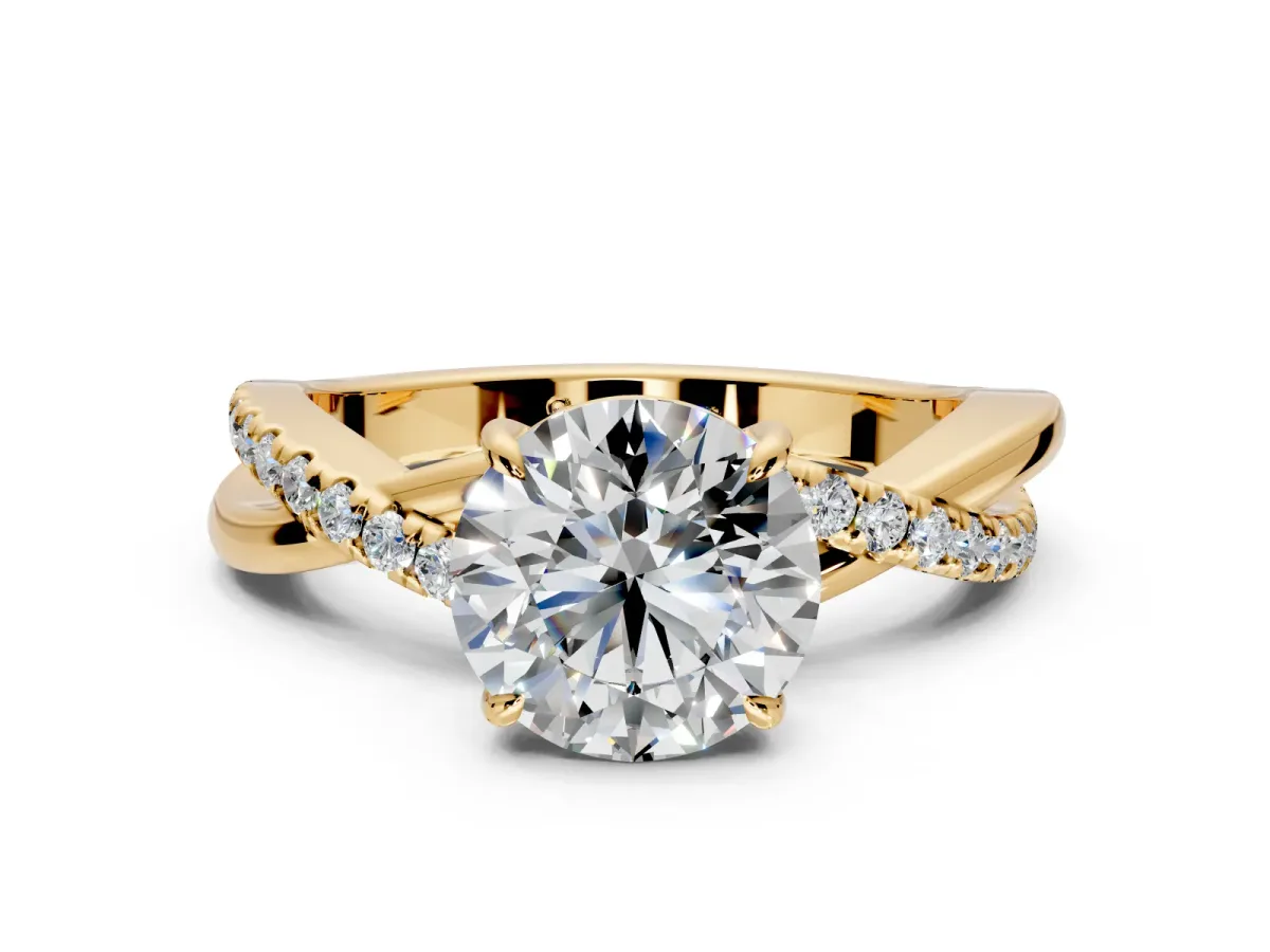 Crossover Engagement Ring Setting for Round Cut Center with Pave and Plain Strands and Prong Head in Yellow Gold