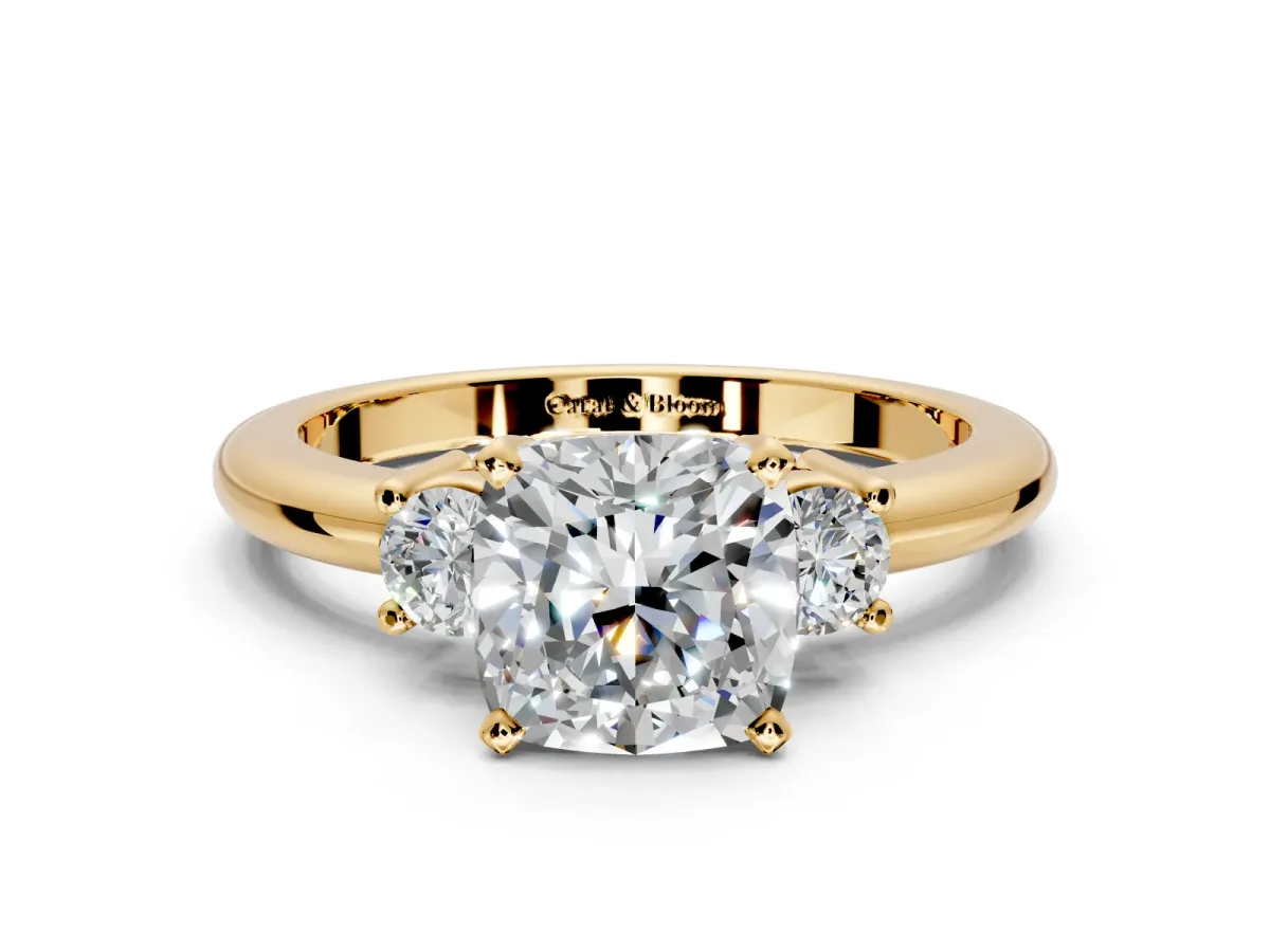 3 Stone Engagement Ring Setting for Cushion Cut Center with Wide Plain Band and Prong Head in Yellow Gold