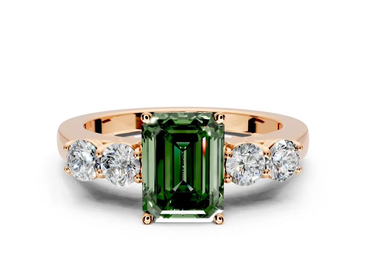 5 Stone Engagement Ring Setting for Fancy Green Emerald Cut Center with Equal Close-Set Accents and Prong Head in Rose Gold