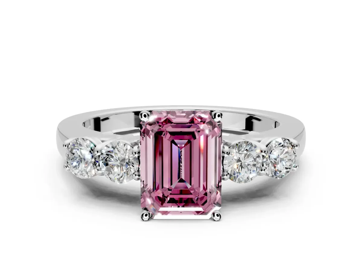 5 Stone Engagement Ring Setting for Fancy Pink Emerald Cut Center with Equal Close-Set Accents and Prong Head in Platinum