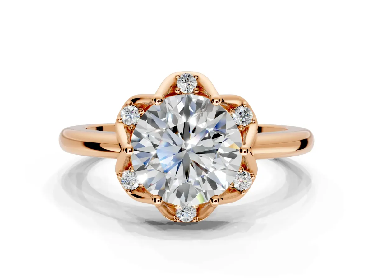 Floral Frame Engagement Ring Setting for Round Cut Center with Accent Clusters and Prong Head in Rose Gold