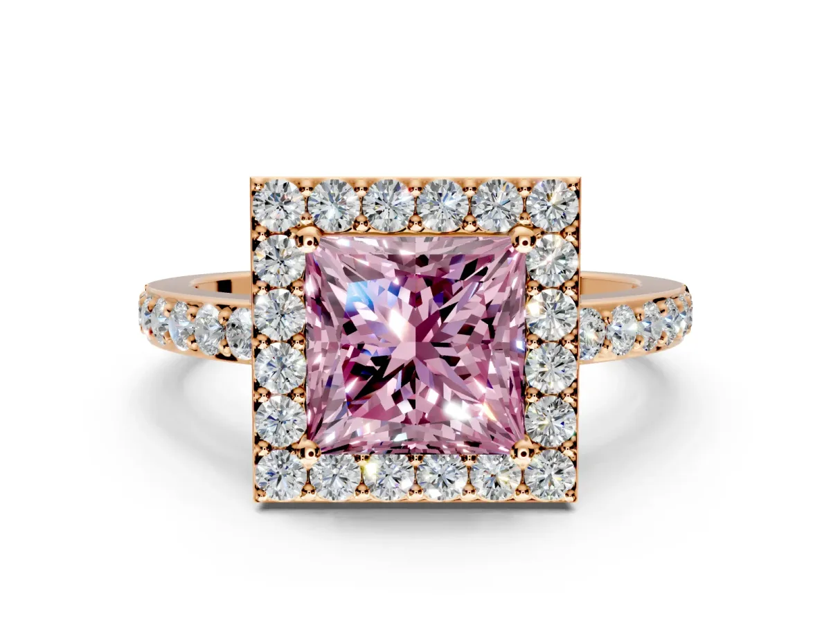 Halo Engagement Ring Setting for Fancy Pink Princess Cut Center with Heart-Shaped Openwork, Pave Band and Prong Head in Rose Gold