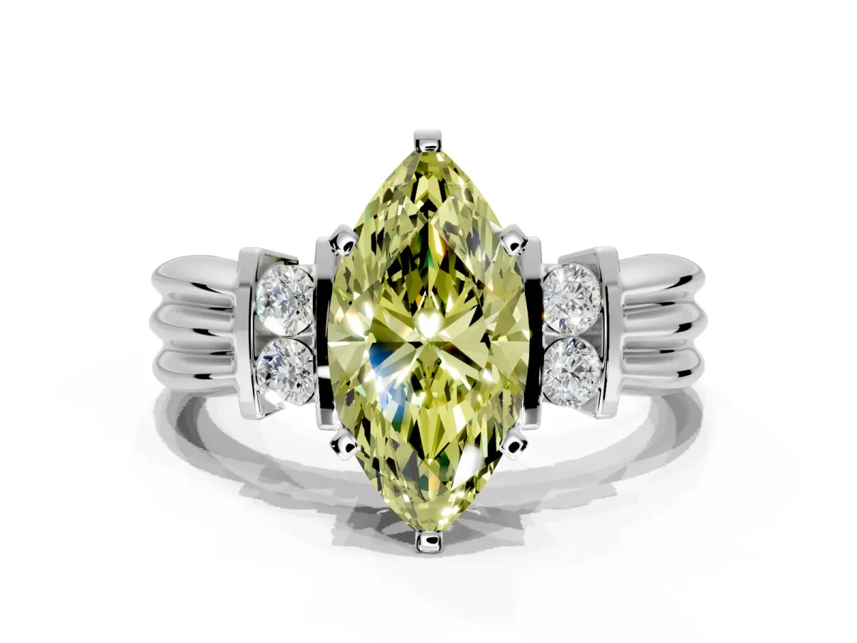 Solitaire Engagement Ring Setting for Fancy Yellow Marquise Center with Grooved Bar Accent Band and Prong Head in Sterling Silver