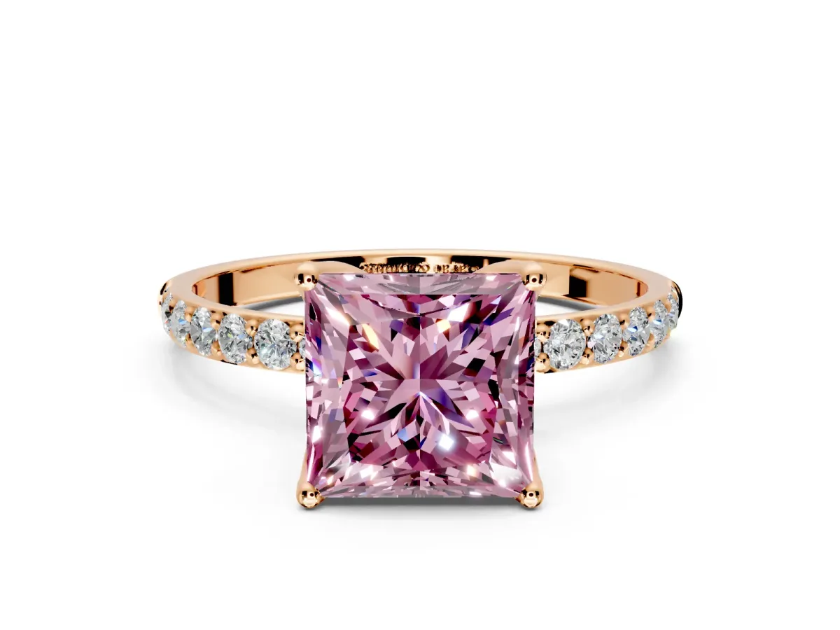 Solitaire Engagement Ring Setting for Fancy Pink Princess Cut Center with Fine Pave Accents and Prong Head in Rose Gold