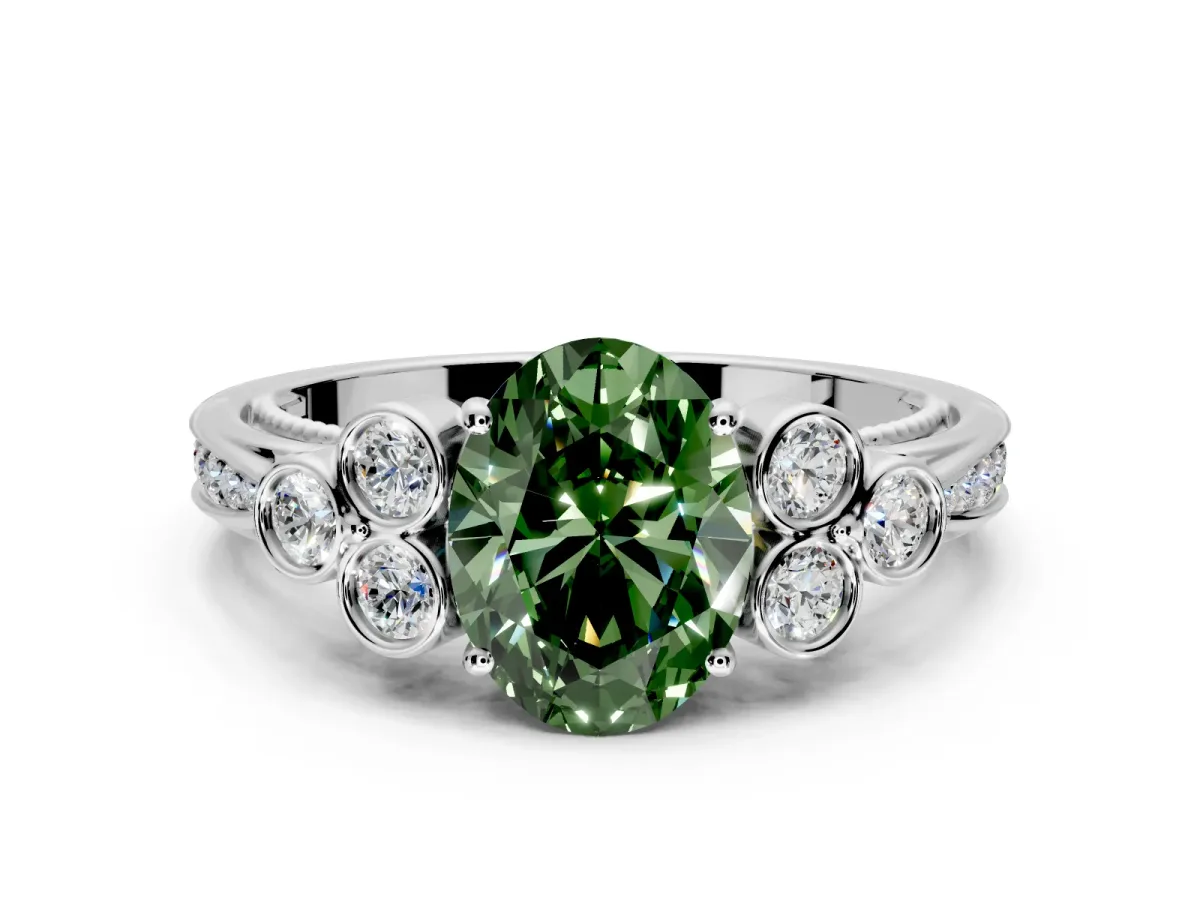 Cluster Engagement Ring Setting for Fancy Green Oval Center with Bezel Accent Clusters and Prong Head in White Gold