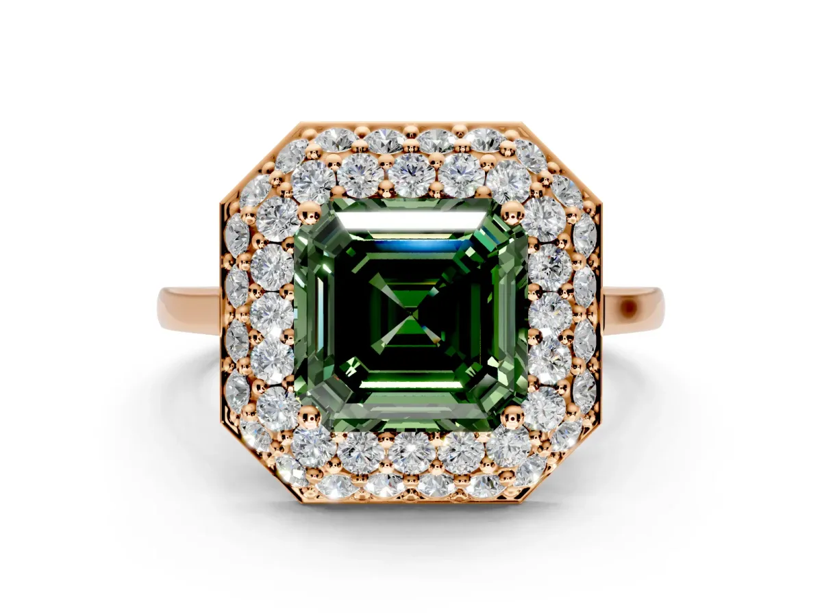 Halo Engagement Ring Setting for Fancy Green Asscher Cut Center with Plain Tapered Band and Prong Head in Rose Gold