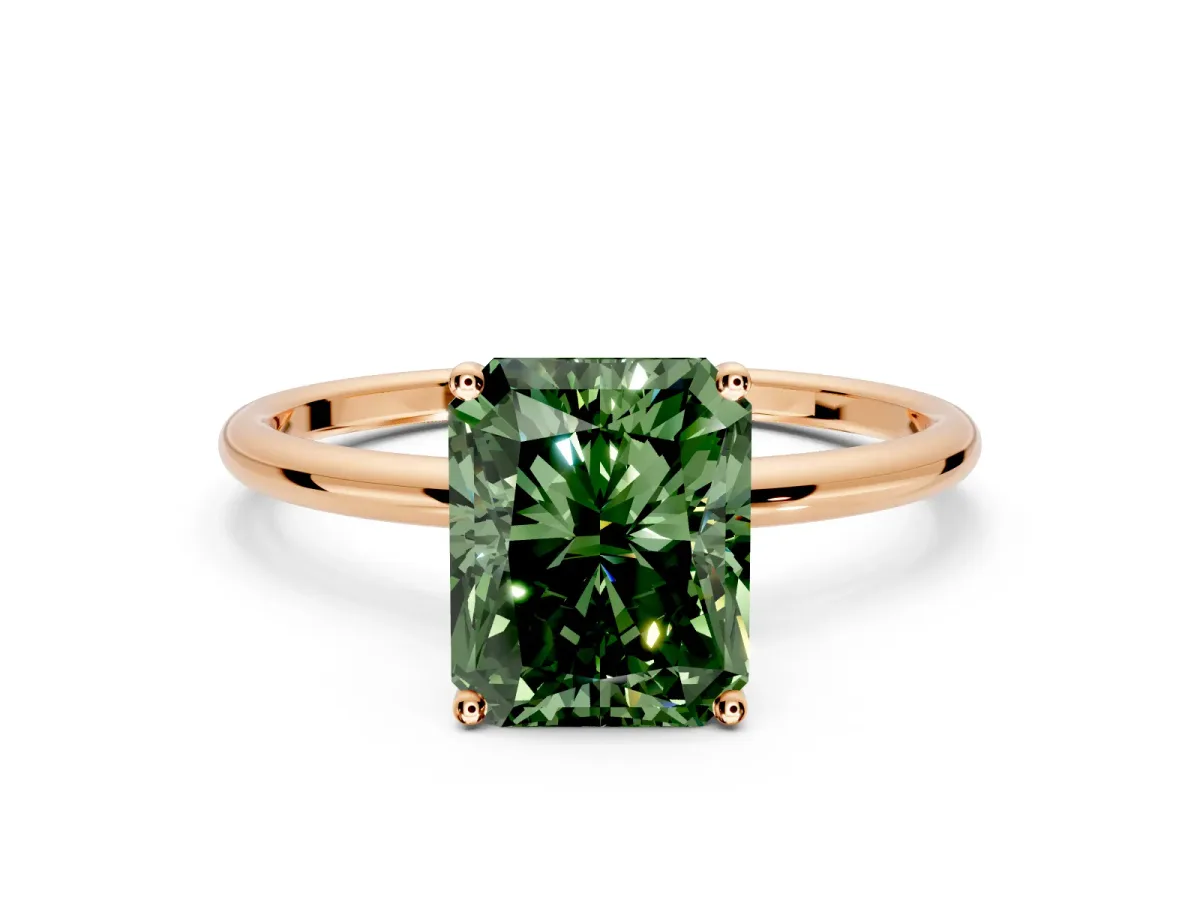 Solitaire Engagement Ring Setting for Fancy Green Radiant Cut Center with Straight Thin Band and Prong Head in Rose Gold
