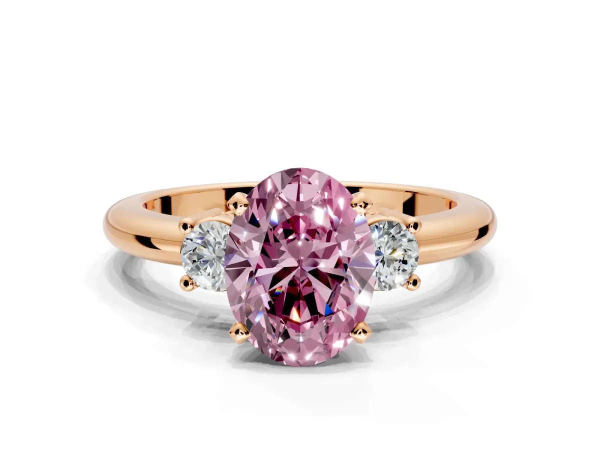 3 Stone Engagement Ring Setting for Fancy Pink Oval Center with Wide Plain Band and Prong Head in Rose Gold
