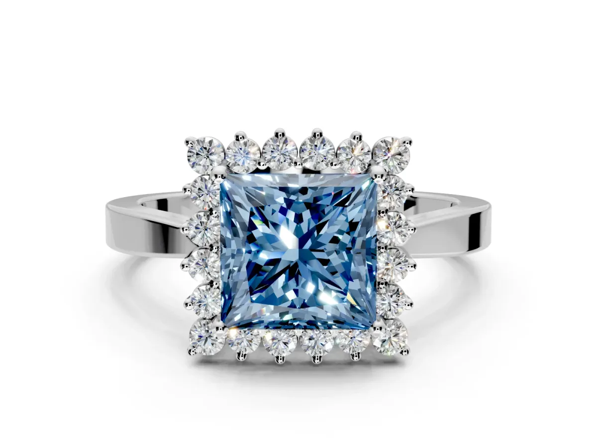 Starburst Halo Engagement Ring Setting for Fancy Blue Princess Cut Center with Flat Cathedral Band and Prong Head in White Gold