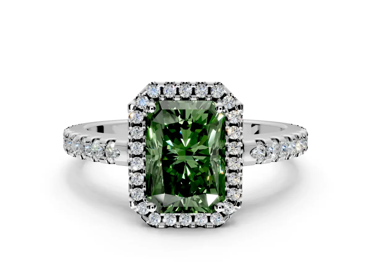 Accent Halo Engagement Ring Setting for Fancy Green Radiant Cut Center with Full-Length Pave Band and Prong Head in Platinum