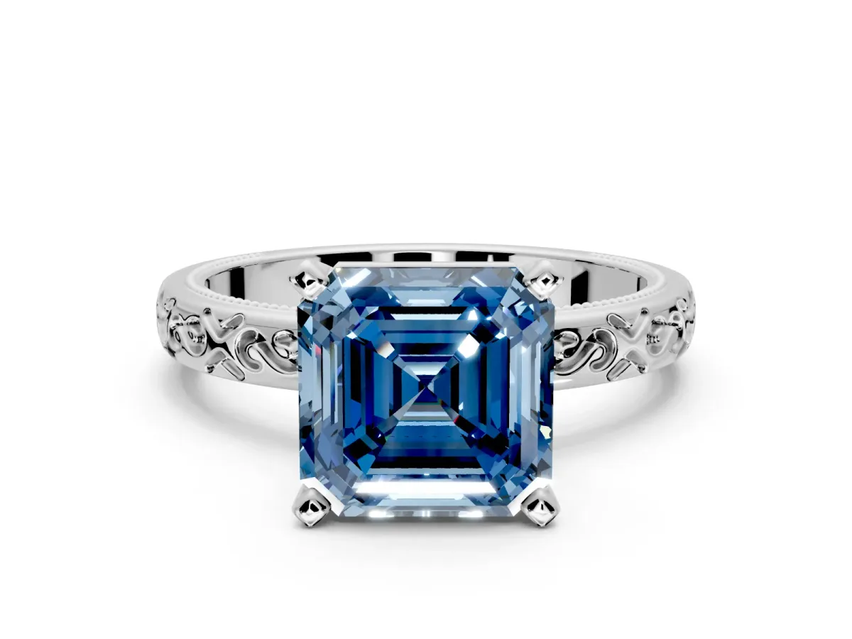 Solitaire Engagement Ring Setting for Fancy Blue Asscher Cut Center with Scrollwork Band and Prong Head in White Gold