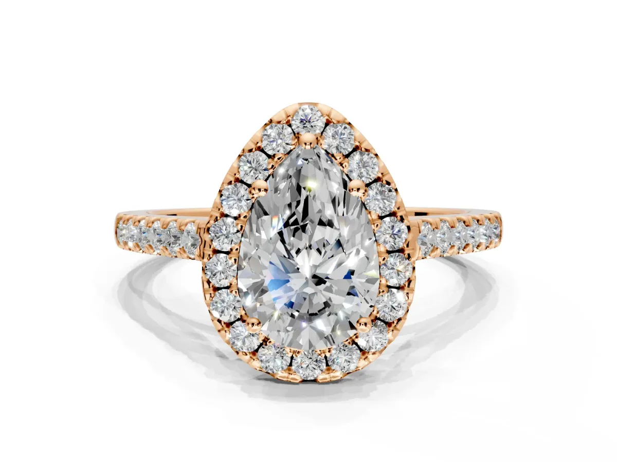 Halo Engagement Ring Setting for Pear-Shaped Center with Narrowing Pave Band and Prong Head in Rose Gold