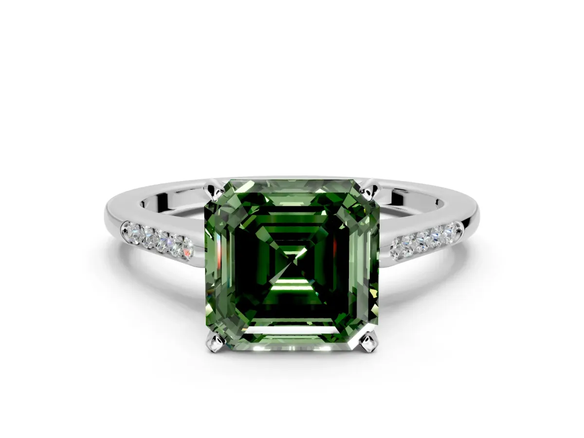 Solitaire Engagement Ring Setting for Fancy Green Asscher Cut Center with Channel Accents and Prong Head in White Gold