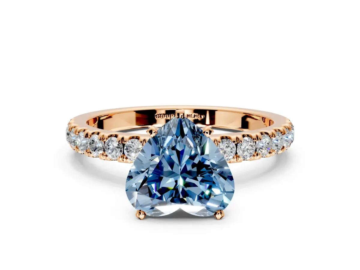 Open Basket Engagement Ring Setting for Fancy Blue Heart-Shaped Center with Pave Band and Prong Head in Rose Gold