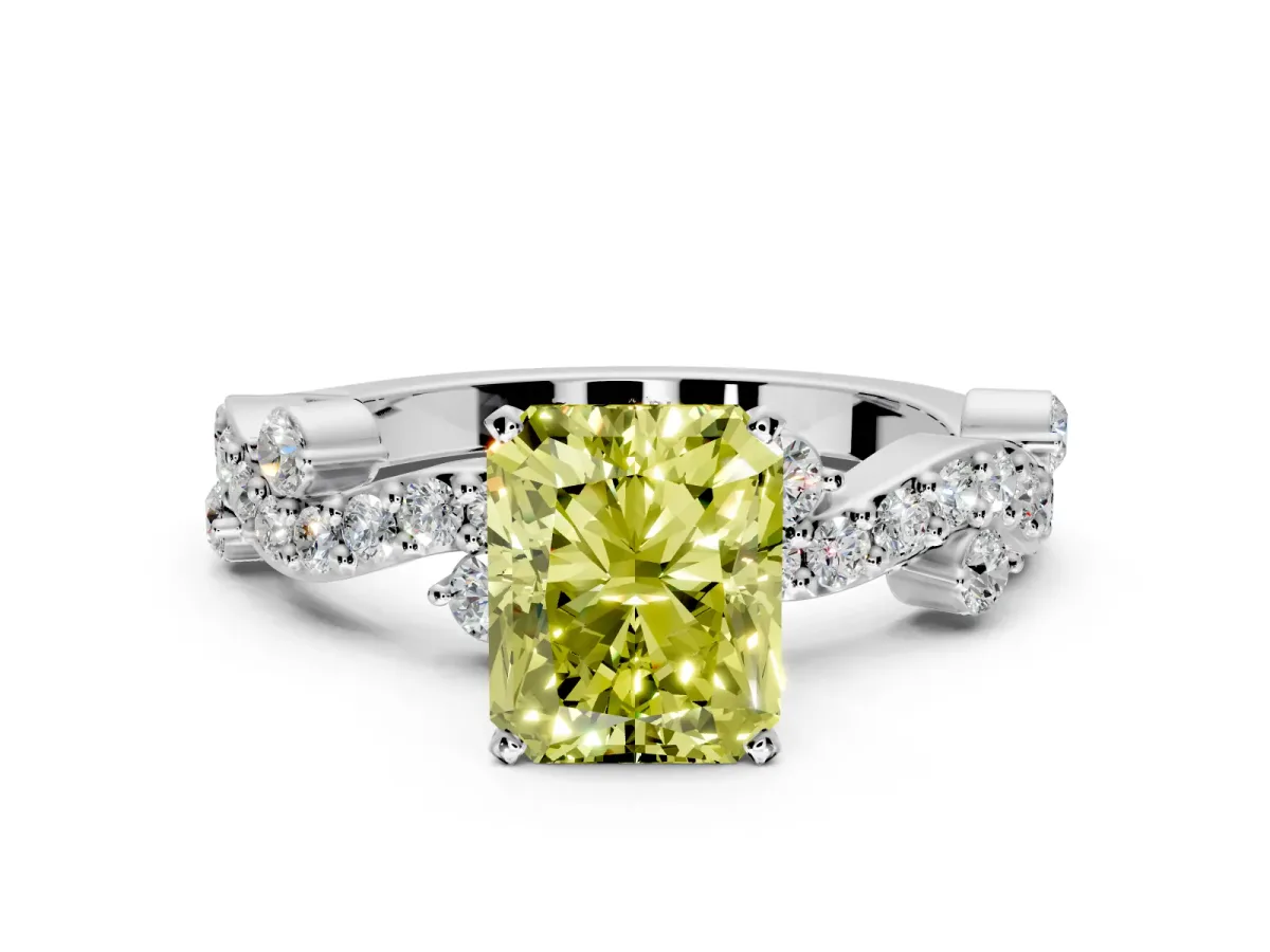 Solitaire Engagement Ring Setting for Fancy Yellow Radiant Cut Center with Bar-Station Pave Twist and Prong Head in Sterling Silver