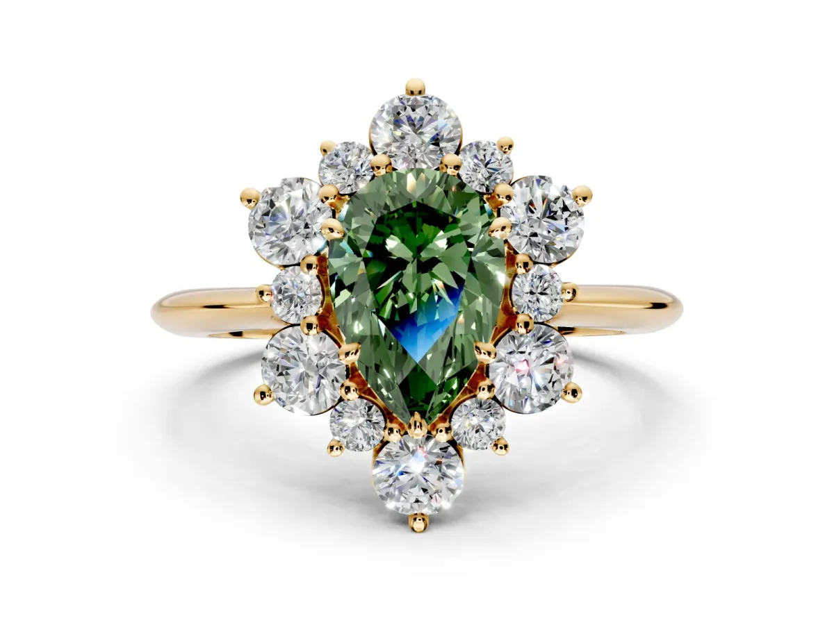 Small-Accent Cluster Halo Engagement Ring Setting for Fancy Green Pear-Shaped Center with Plain Band and Prong Head in Yellow Gold