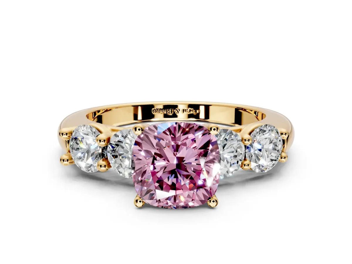 5 Stone Engagement Ring Setting for Fancy Pink Cushion Cut Center with Graduated Accents and Prong Head in Yellow Gold
